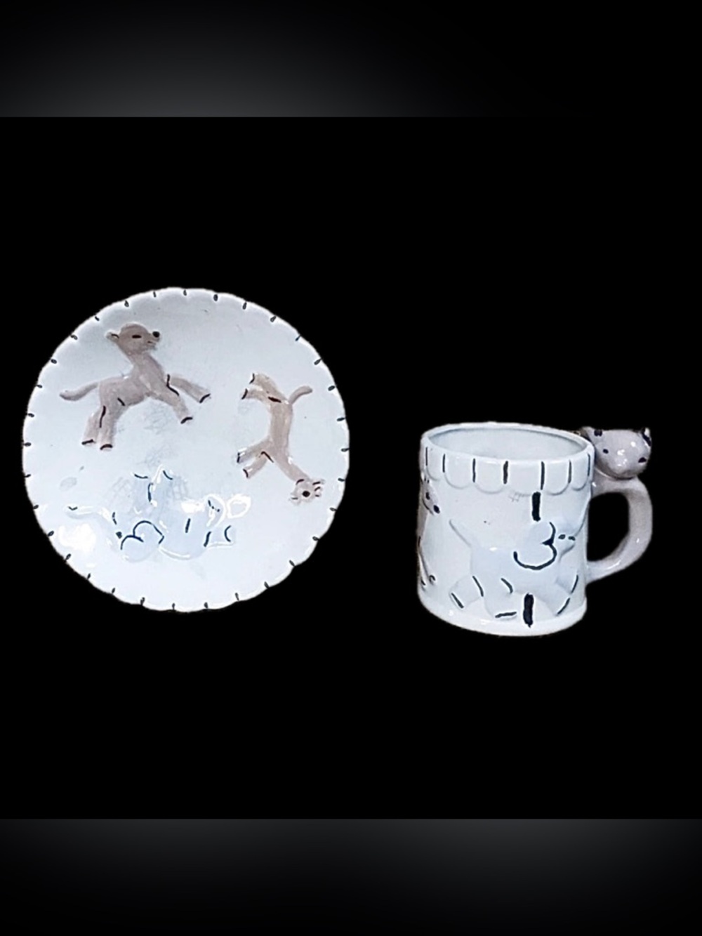 Vintage Handmade Ceramic Childrens Carousel Animals Mug Bowl Set Whimsical Fun